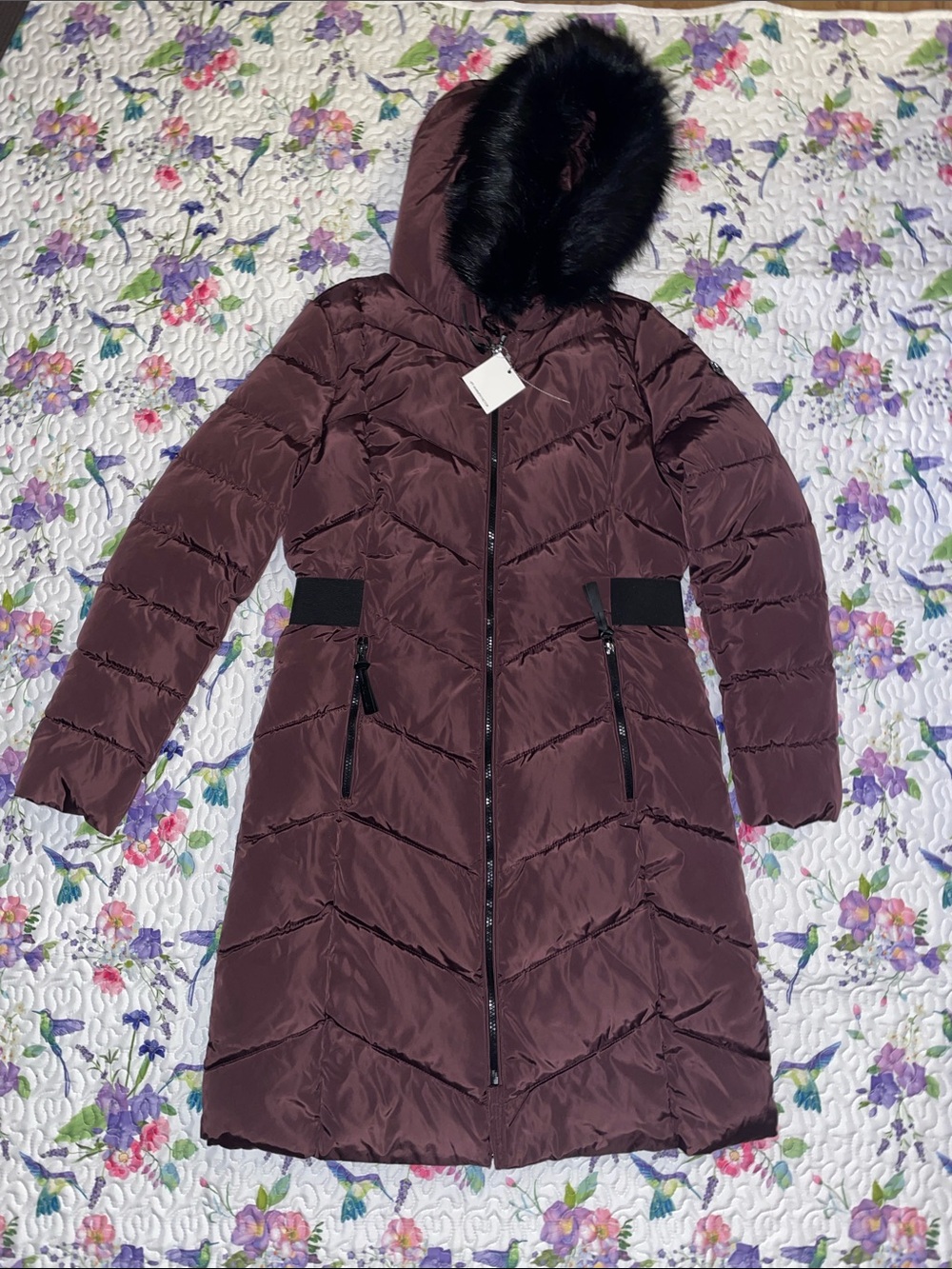 Calvin Klein S plum Women's Long Quilted Hooded Coat Faux Fur Trim